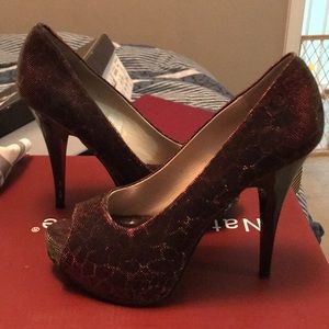 Shimmering Burgundy and Gold Leopard Heels